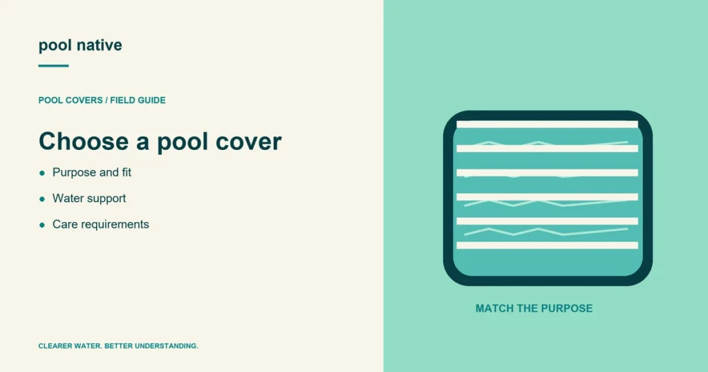Choose a pool cover. Purpose and fit; Water support; Care requirements.