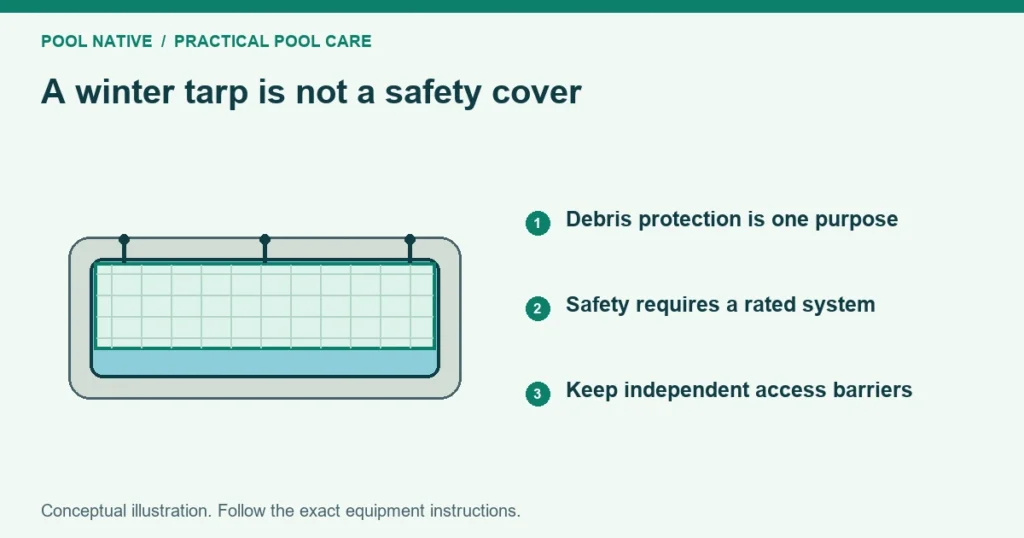 A winter tarp is not a safety cover. Debris protection is one purpose. Safety requires a rated system. Keep independent access barriers. Conceptual illustration.
