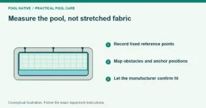 Measure the pool, not stretched fabric. Record fixed reference points. Map obstacles and anchor positions. Let the manufacturer confirm fit. Conceptual illustration.