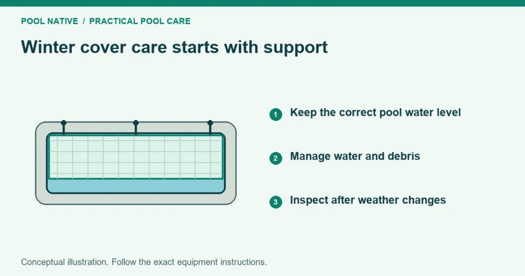 Winter cover care starts with support. Keep the correct pool water level. Manage water and debris. Inspect after weather changes. Conceptual illustration.