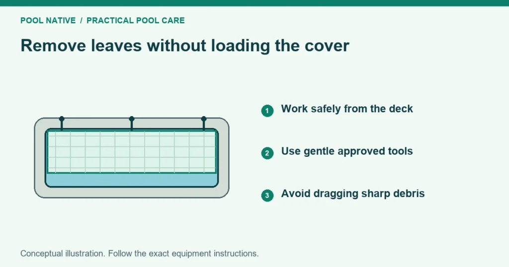 Remove leaves without loading the cover. Work safely from the deck. Use gentle approved tools. Avoid dragging sharp debris. Conceptual illustration.