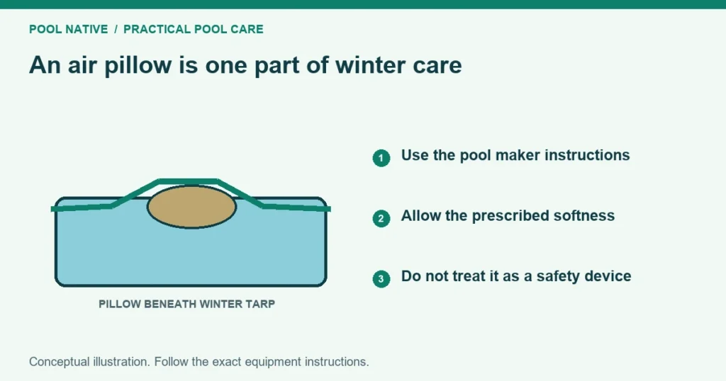 An air pillow is one part of winter care. Use the pool maker instructions. Allow the prescribed softness. Do not treat it as a safety device. Conceptual illustration.