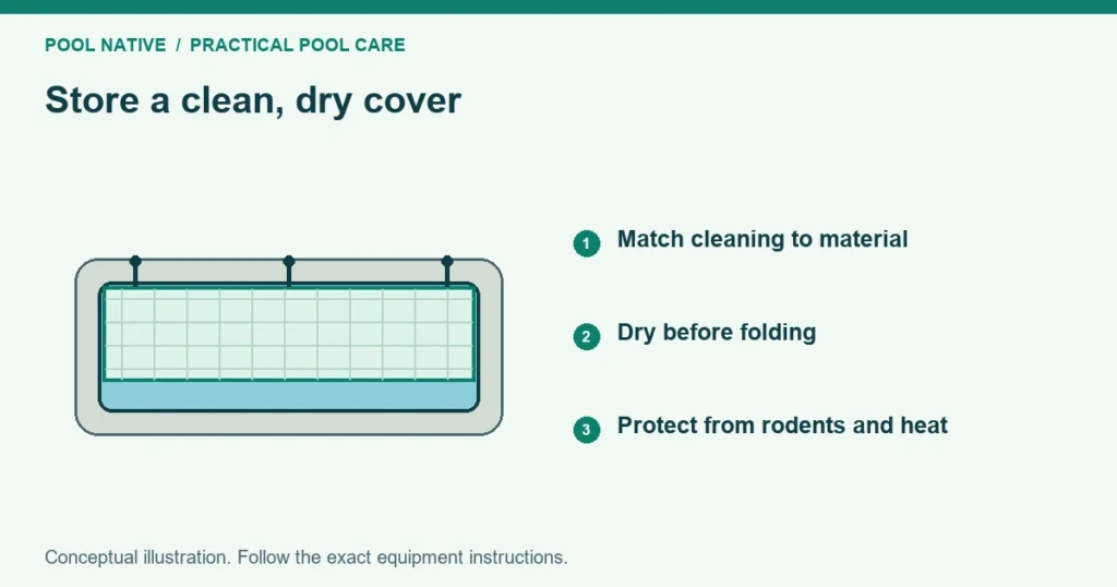 Store a clean, dry cover. Match cleaning to material. Dry before folding. Protect from rodents and heat. Conceptual illustration.