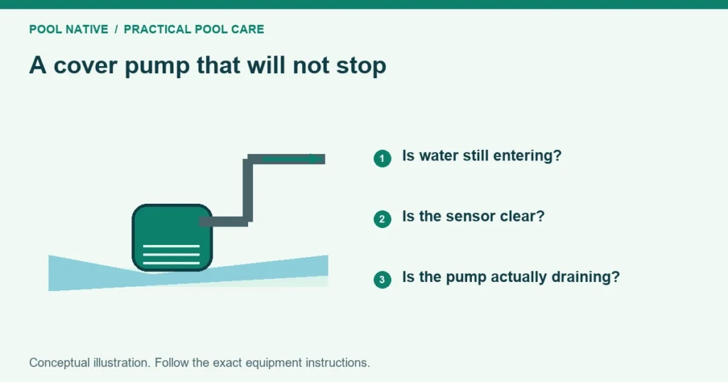 A cover pump that will not stop. Is water still entering?. Is the sensor clear?. Is the pump actually draining?. Conceptual illustration.