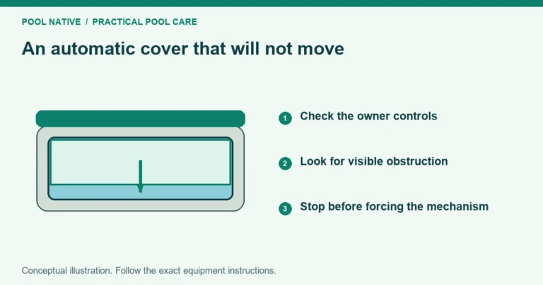 An automatic cover that will not move. Check the owner controls. Look for visible obstruction. Stop before forcing the mechanism. Conceptual illustration.