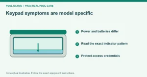 Keypad symptoms are model specific. Power and batteries differ. Read the exact indicator pattern. Protect access credentials. Conceptual illustration.
