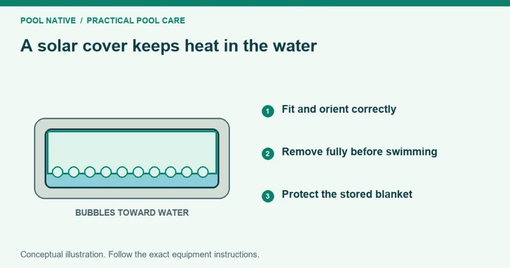 A solar cover keeps heat in the water. Fit and orient correctly. Remove fully before swimming. Protect the stored blanket. Conceptual illustration.