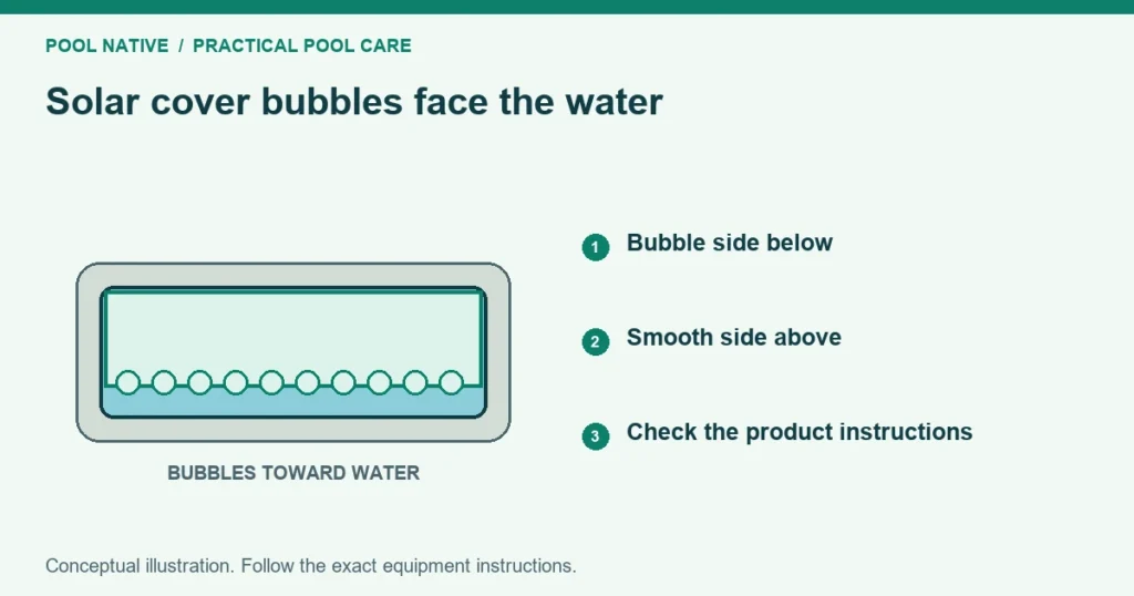 Solar cover bubbles face the water. Bubble side below. Smooth side above. Check the product instructions. Conceptual illustration.