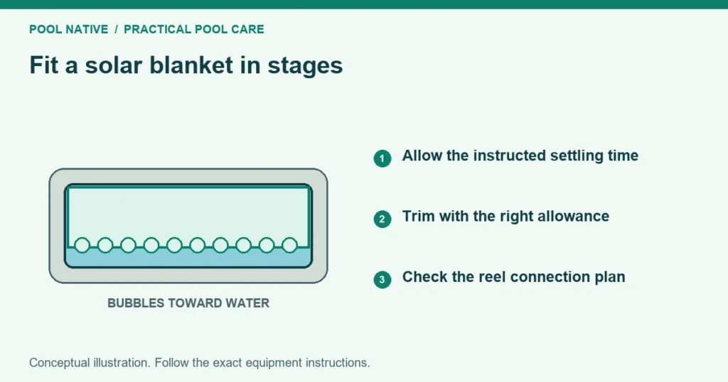 Fit a solar blanket in stages. Allow the instructed settling time. Trim with the right allowance. Check the reel connection plan. Conceptual illustration.