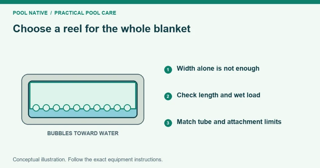 Choose a reel for the whole blanket. Width alone is not enough. Check length and wet load. Match tube and attachment limits. Conceptual illustration.