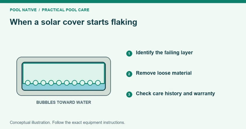 When a solar cover starts flaking. Identify the failing layer. Remove loose material. Check care history and warranty. Conceptual illustration.