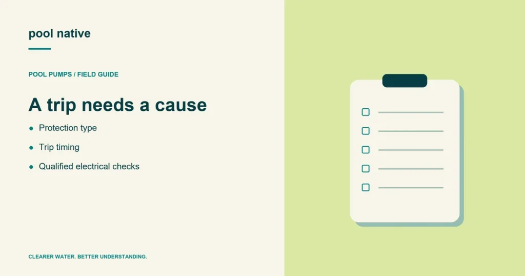 A trip needs a cause. Protection type; Trip timing; Qualified electrical checks. Conceptual illustration.