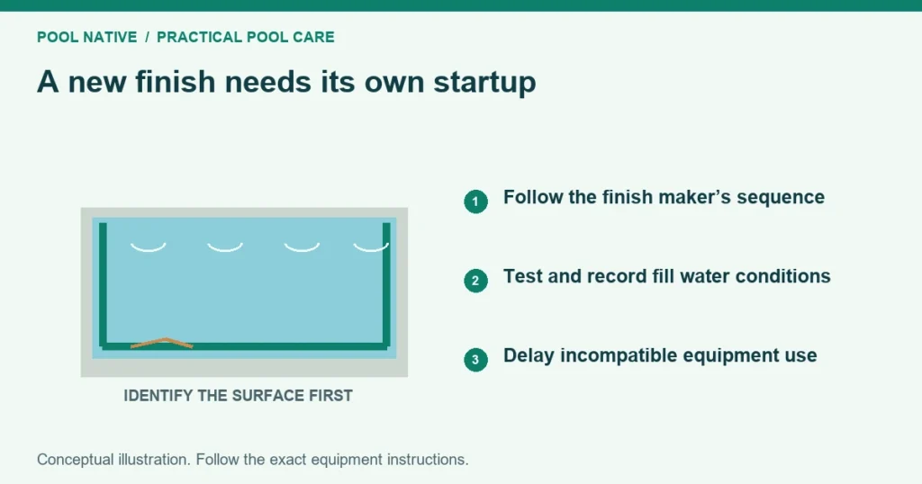 A new finish needs its own startup. Follow the finish maker’s sequence. Test and record fill water conditions. Delay incompatible equipment use. Conceptual illustration.