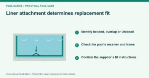 Liner attachment determines replacement fit. Identify beaded, overlap or Unibead. Check the pool’s receiver and frame. Confirm the supplier’s fit instructions. Conceptual illustration.