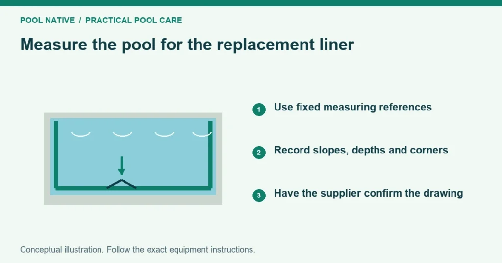 Measure the pool for the replacement liner. Use fixed measuring references. Record slopes, depths and corners. Have the supplier confirm the drawing. Conceptual illustration.