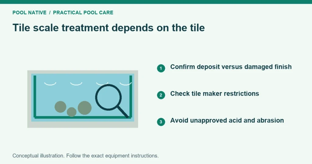 Tile scale treatment depends on the tile. Confirm deposit versus damaged finish. Check tile maker restrictions. Avoid unapproved acid and abrasion. Conceptual illustration.
