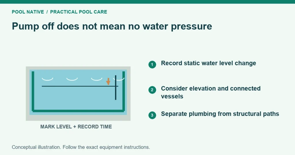 Pump off does not mean no water pressure. Record static water level change. Consider elevation and connected vessels. Separate plumbing from structural paths. Conceptual illustration.