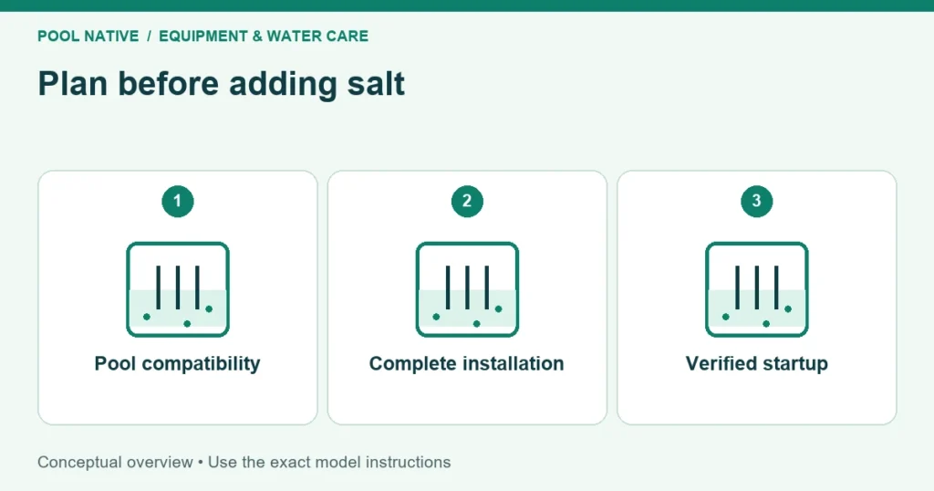 Plan before adding salt. Pool compatibility; Complete installation; Verified startup. Conceptual overview.