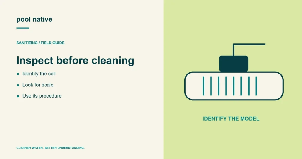 Inspect before cleaning. Identify the cell; Look for scale; Use its procedure.