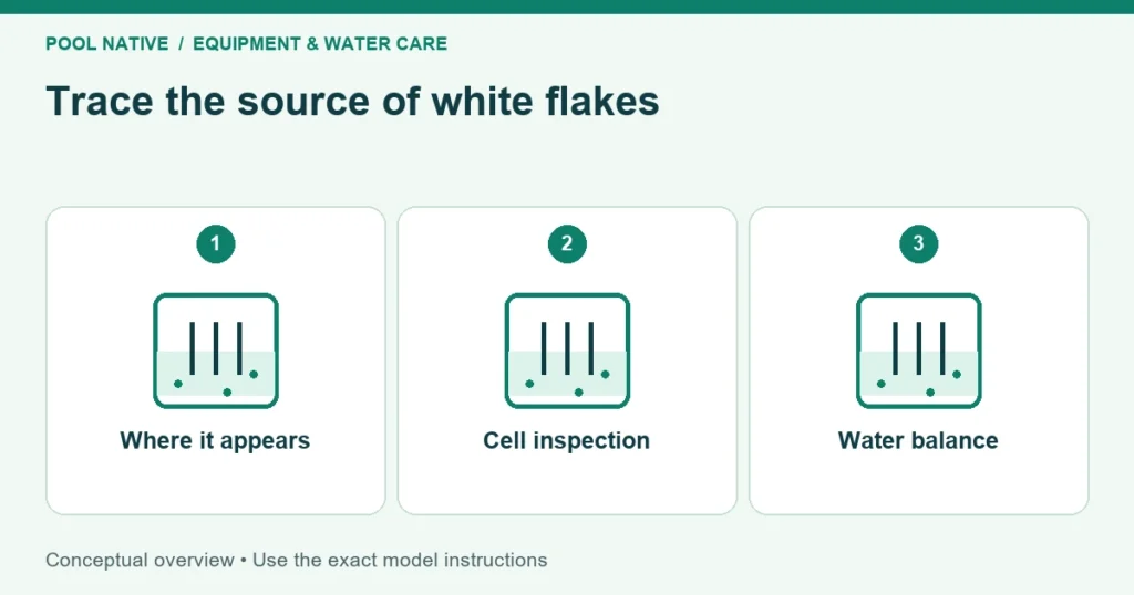 Trace the source of white flakes. Where it appears; Cell inspection; Water balance. Conceptual overview.