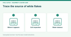 Trace the source of white flakes. Where it appears; Cell inspection; Water balance. Conceptual overview.