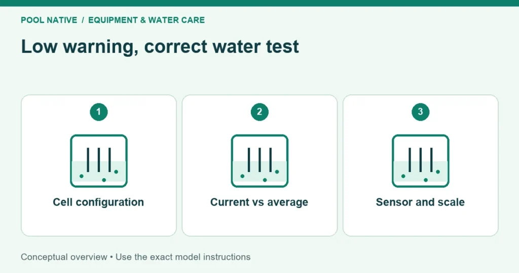Low warning, correct water test. Cell configuration; Current vs average; Sensor and scale. Conceptual overview.