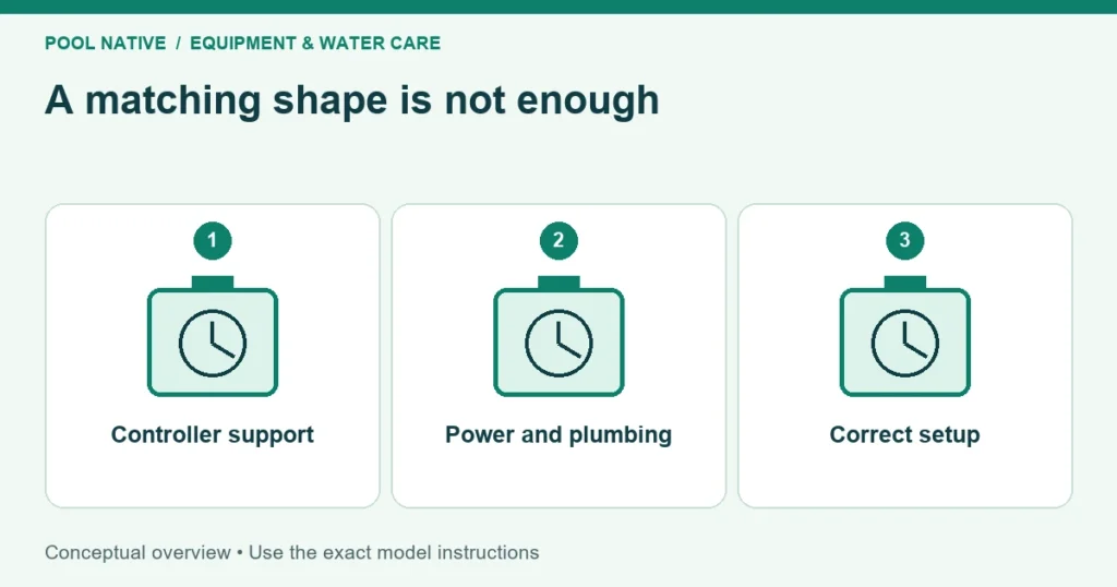 A matching shape is not enough. Controller support; Power and plumbing; Correct setup. Conceptual overview.