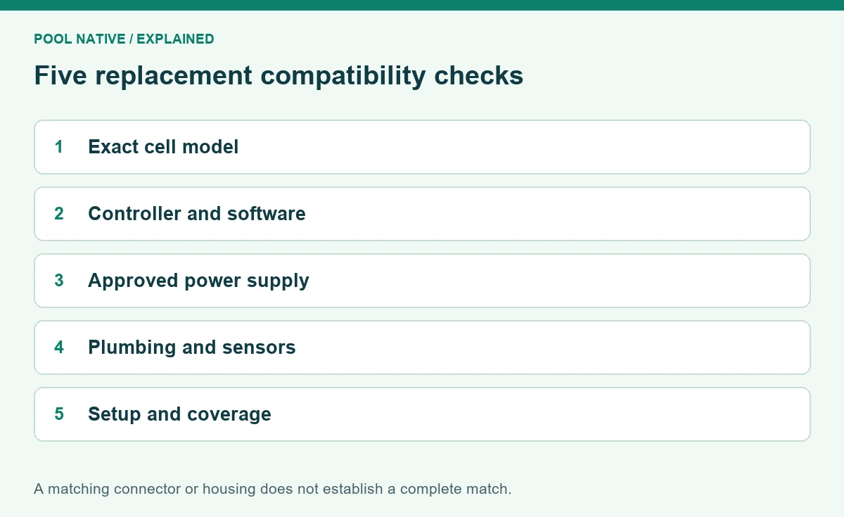 Five replacement compatibility checks. Exact cell model; Controller and software; Approved power supply; Plumbing and sensors; Setup and coverage. A matching connector or housing does not establish a complete match.
