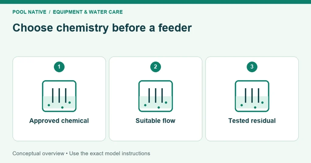 Choose chemistry before a feeder. Approved chemical; Suitable flow; Tested residual. Conceptual overview.