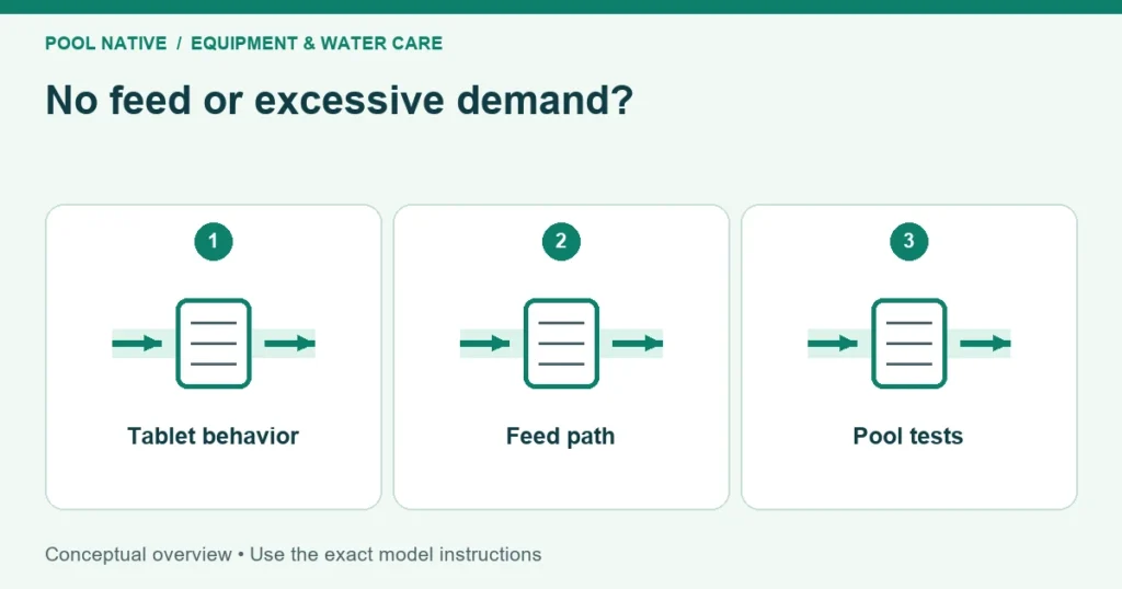 No feed or excessive demand?. Tablet behavior; Feed path; Pool tests. Conceptual overview.