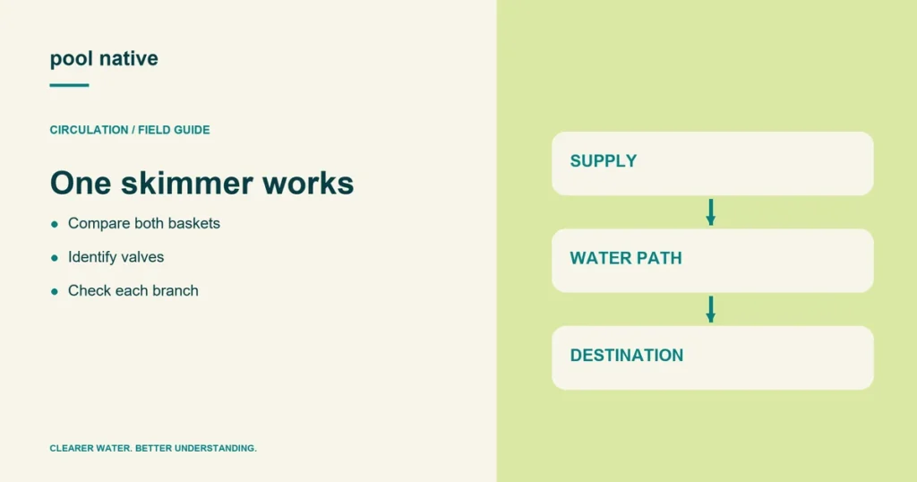 One skimmer works. Compare both baskets; Identify valves; Check each branch.