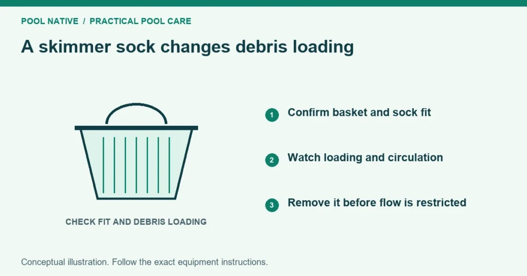 A skimmer sock changes debris loading. Confirm basket and sock fit. Watch loading and circulation. Remove it before flow is restricted. Conceptual illustration.