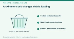 A skimmer sock changes debris loading. Confirm basket and sock fit. Watch loading and circulation. Remove it before flow is restricted. Conceptual illustration.