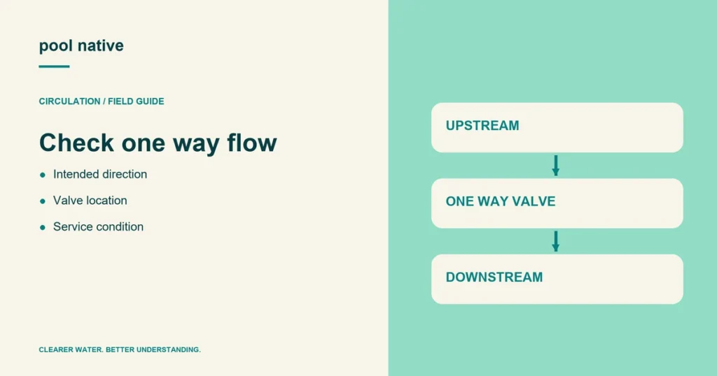 Check one way flow. Intended direction; Valve location; Service condition.