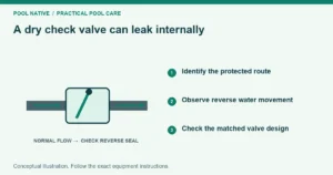 A dry check valve can leak internally. Identify the protected route. Observe reverse water movement. Check the matched valve design. Conceptual illustration.