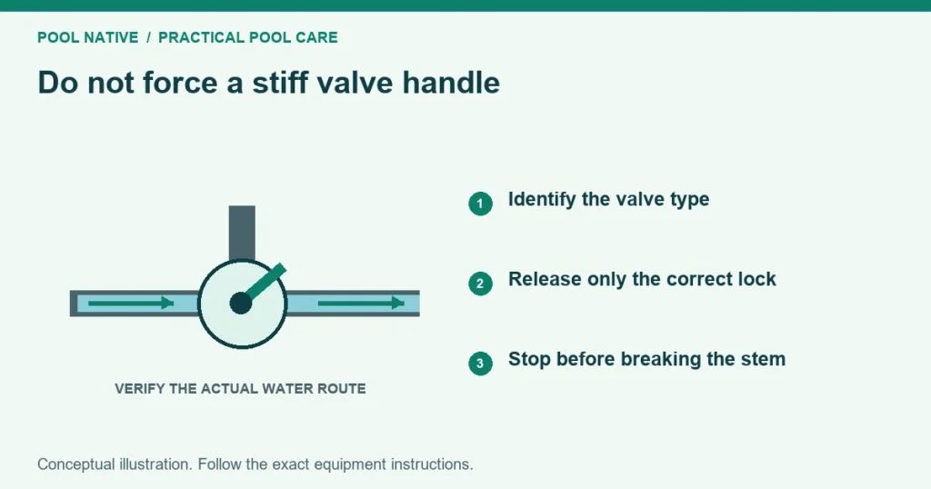 Do not force a stiff valve handle. Identify the valve type. Release only the correct lock. Stop before breaking the stem. Conceptual illustration.