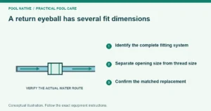 A return eyeball has several fit dimensions. Identify the complete fitting system. Separate opening size from thread size. Confirm the matched replacement. Conceptual illustration.