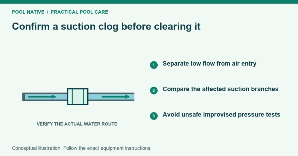 Confirm a suction clog before clearing it. Separate low flow from air entry. Compare the affected suction branches. Avoid unsafe improvised pressure tests. Conceptual illustration.