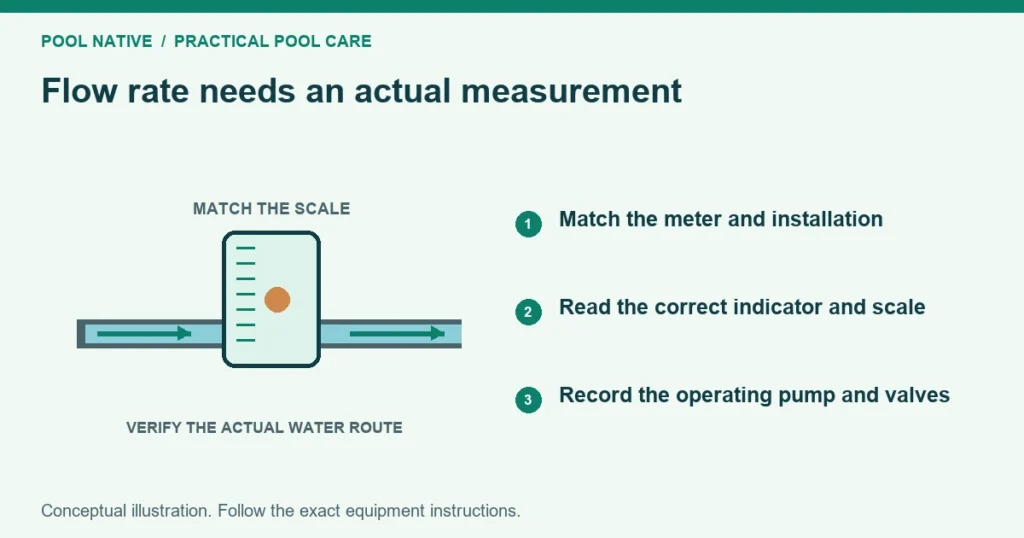 Flow rate needs an actual measurement. Match the meter and installation. Read the correct indicator and scale. Record the operating pump and valves. Conceptual illustration.