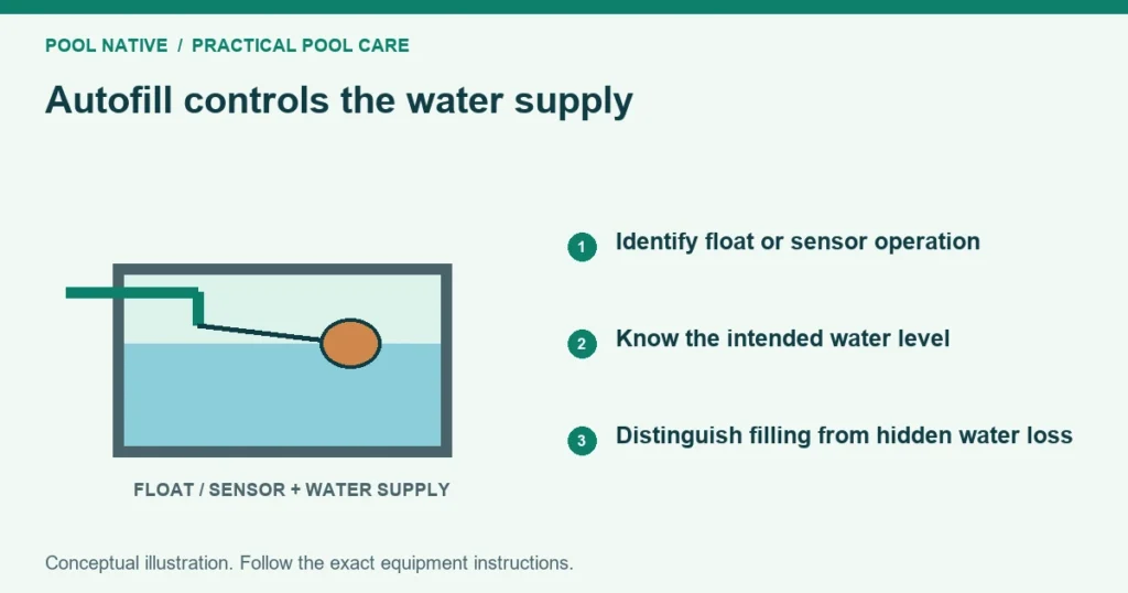 Autofill controls the water supply. Identify float or sensor operation. Know the intended water level. Distinguish filling from hidden water loss. Conceptual illustration.