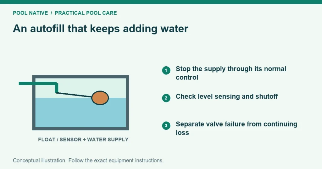 An autofill that keeps adding water. Stop the supply through its normal control. Check level sensing and shutoff. Separate valve failure from continuing loss. Conceptual illustration.