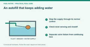 An autofill that keeps adding water. Stop the supply through its normal control. Check level sensing and shutoff. Separate valve failure from continuing loss. Conceptual illustration.