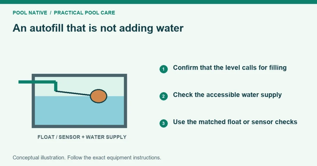 An autofill that is not adding water. Confirm that the level calls for filling. Check the accessible water supply. Use the matched float or sensor checks. Conceptual illustration.