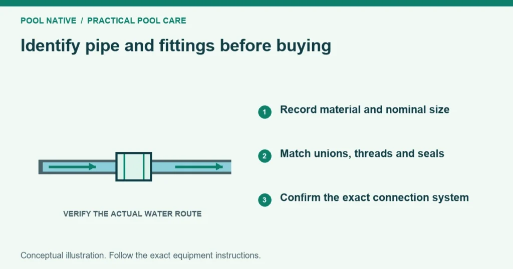 Identify pipe and fittings before buying. Record material and nominal size. Match unions, threads and seals. Confirm the exact connection system. Conceptual illustration.