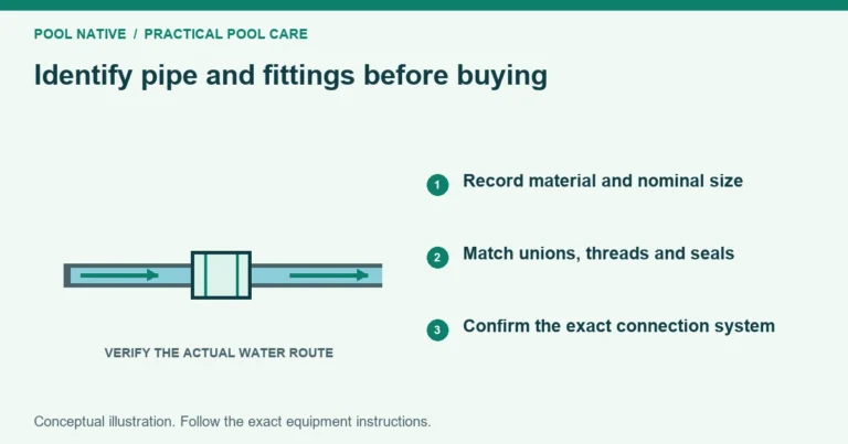 Identify pipe and fittings before buying. Record material and nominal size. Match unions, threads and seals. Confirm the exact connection system. Conceptual illustration.