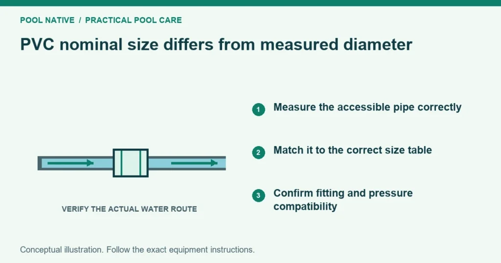 PVC nominal size differs from measured diameter. Measure the accessible pipe correctly. Match it to the correct size table. Confirm fitting and pressure compatibility. Conceptual illustration.