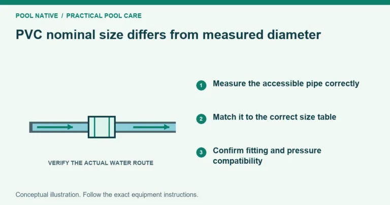 PVC nominal size differs from measured diameter. Measure the accessible pipe correctly. Match it to the correct size table. Confirm fitting and pressure compatibility. Conceptual illustration.