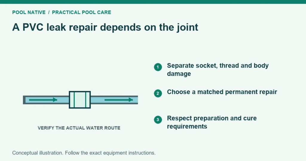 A PVC leak repair depends on the joint. Separate socket, thread and body damage. Choose a matched permanent repair. Respect preparation and cure requirements. Conceptual illustration.