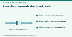 A plumbing map needs identity and height. Label every accessible connection. Record buried routes as unconfirmed. Show elevation and drainage points. Conceptual illustration.