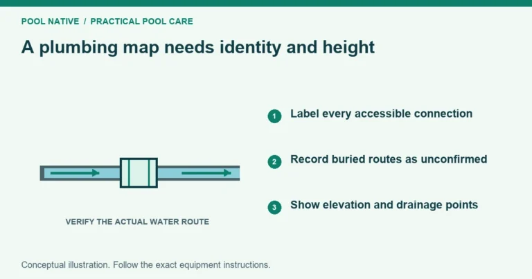 A plumbing map needs identity and height. Label every accessible connection. Record buried routes as unconfirmed. Show elevation and drainage points. Conceptual illustration.